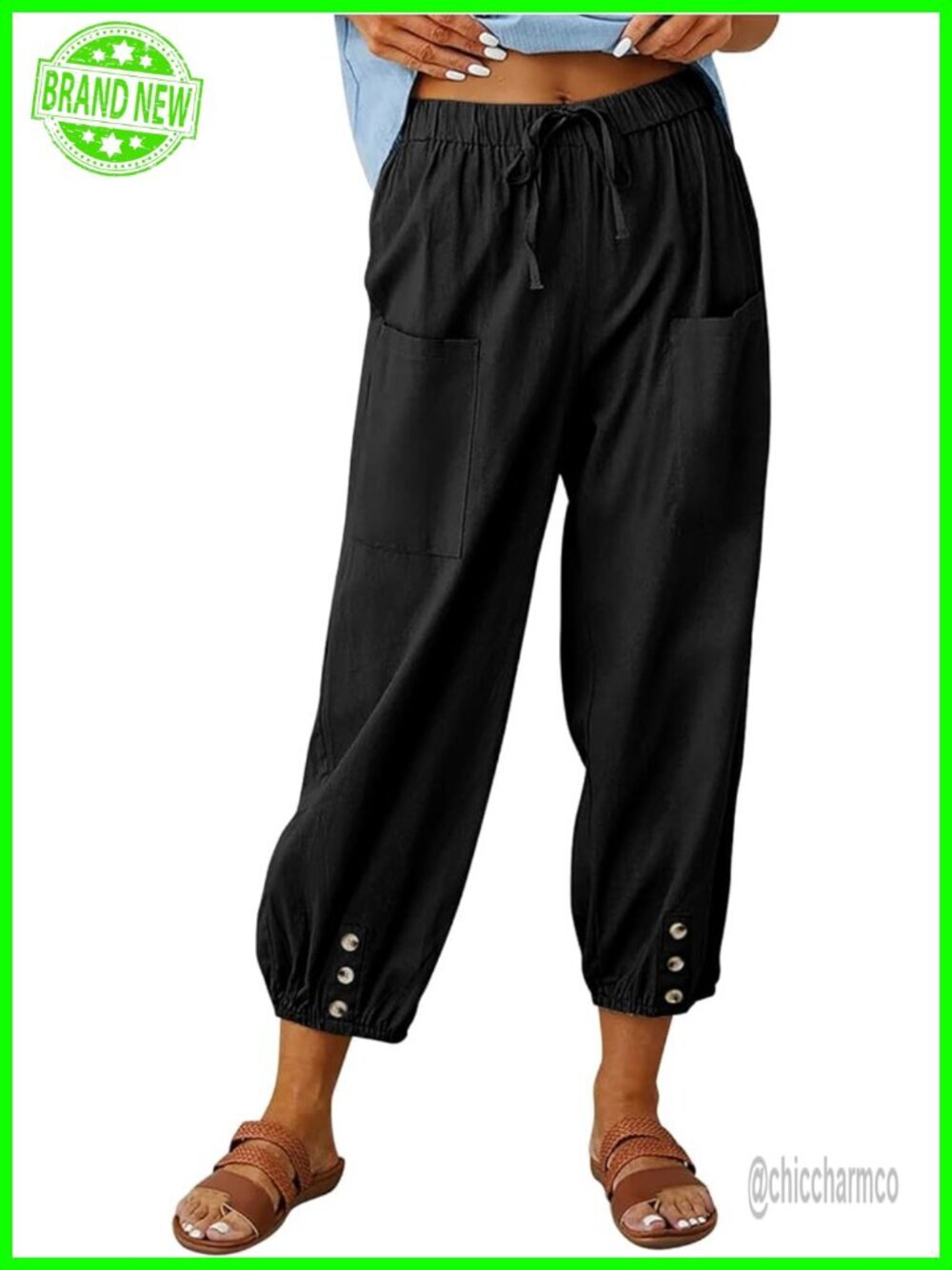 High Waist Drawstring Capri Pants Cotton Loose Casual with Pockets